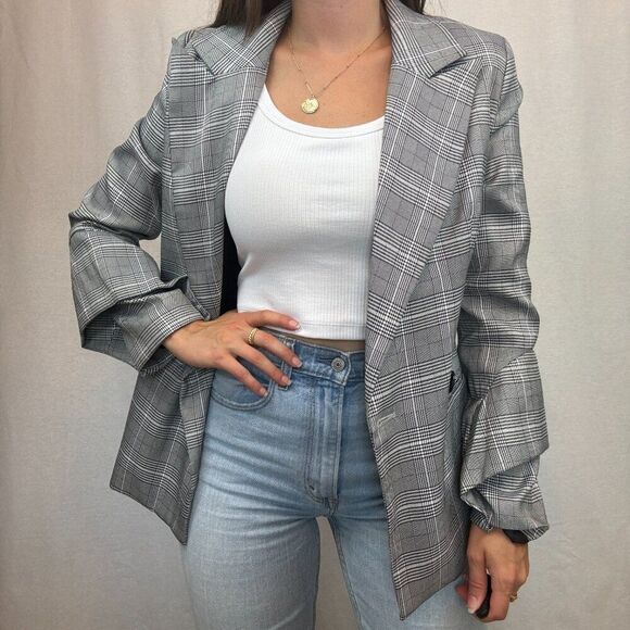 Lord and Taylor Design Lab Grey and Black Plaid Blazer Jacket - Picture 2 of 12